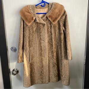 Vintage Bacara Sportowne La France Broadtail Faux Fur Coat Genuine Mink Collar